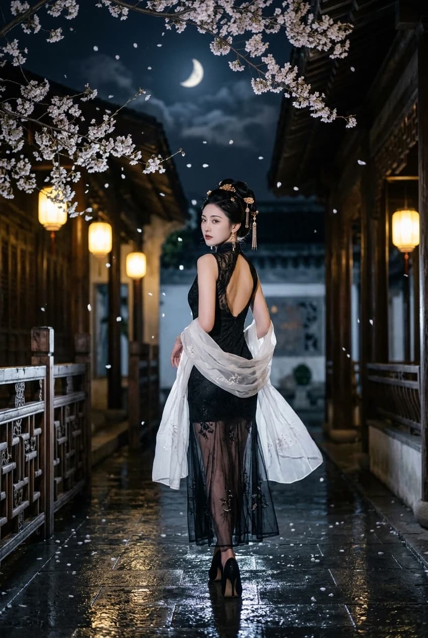 一位气质冷艳的东亚古典美女，背对镜头回眸，行走在中式古建筑长廊中，夜晚月光下，满树盛开的樱花从画面上方垂落，花瓣在空气中…