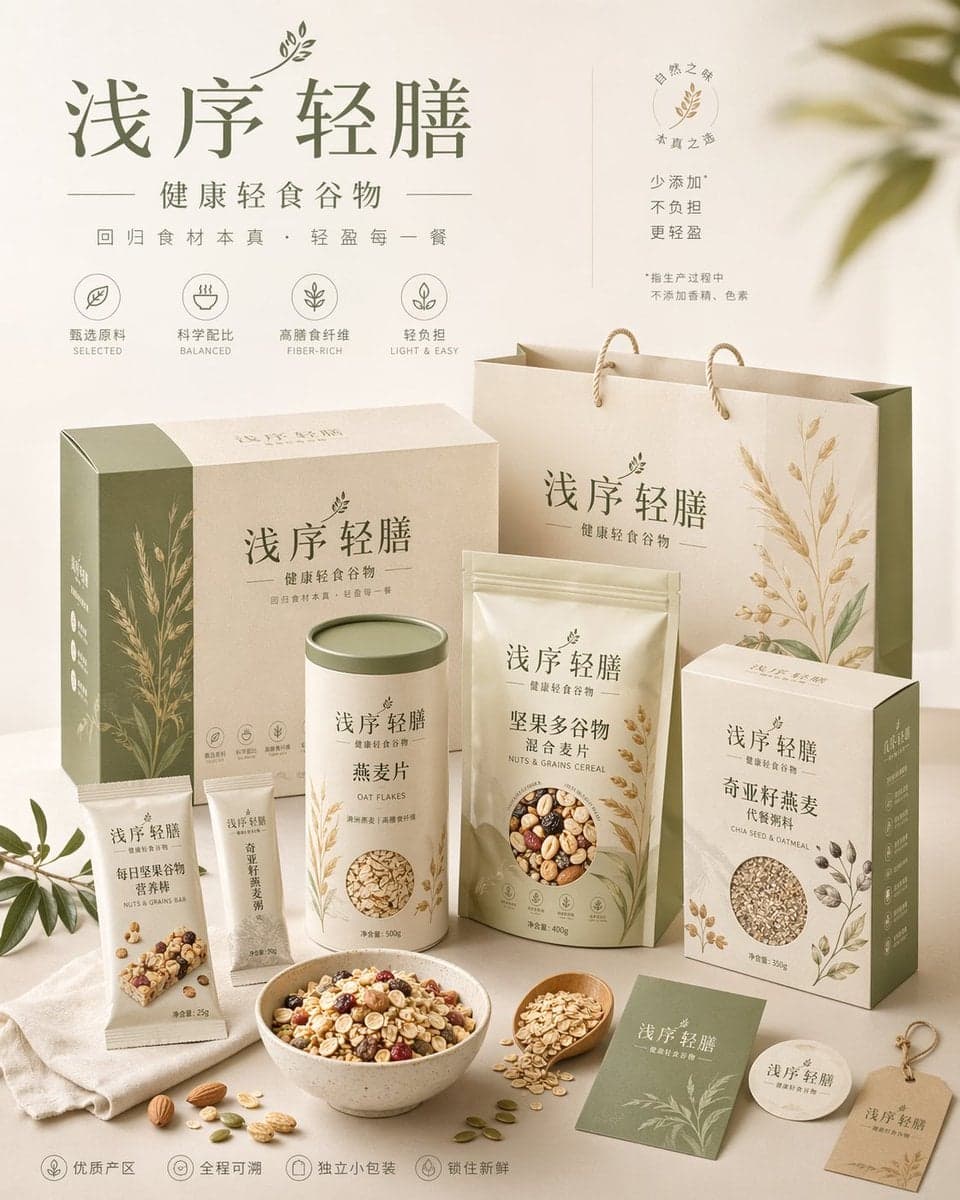 请为品牌[品牌名称]、类目为[品牌类目]创作一张高审美、高完成度的「品牌包装系统展示图」。这不是普通电商白底图，也... 2