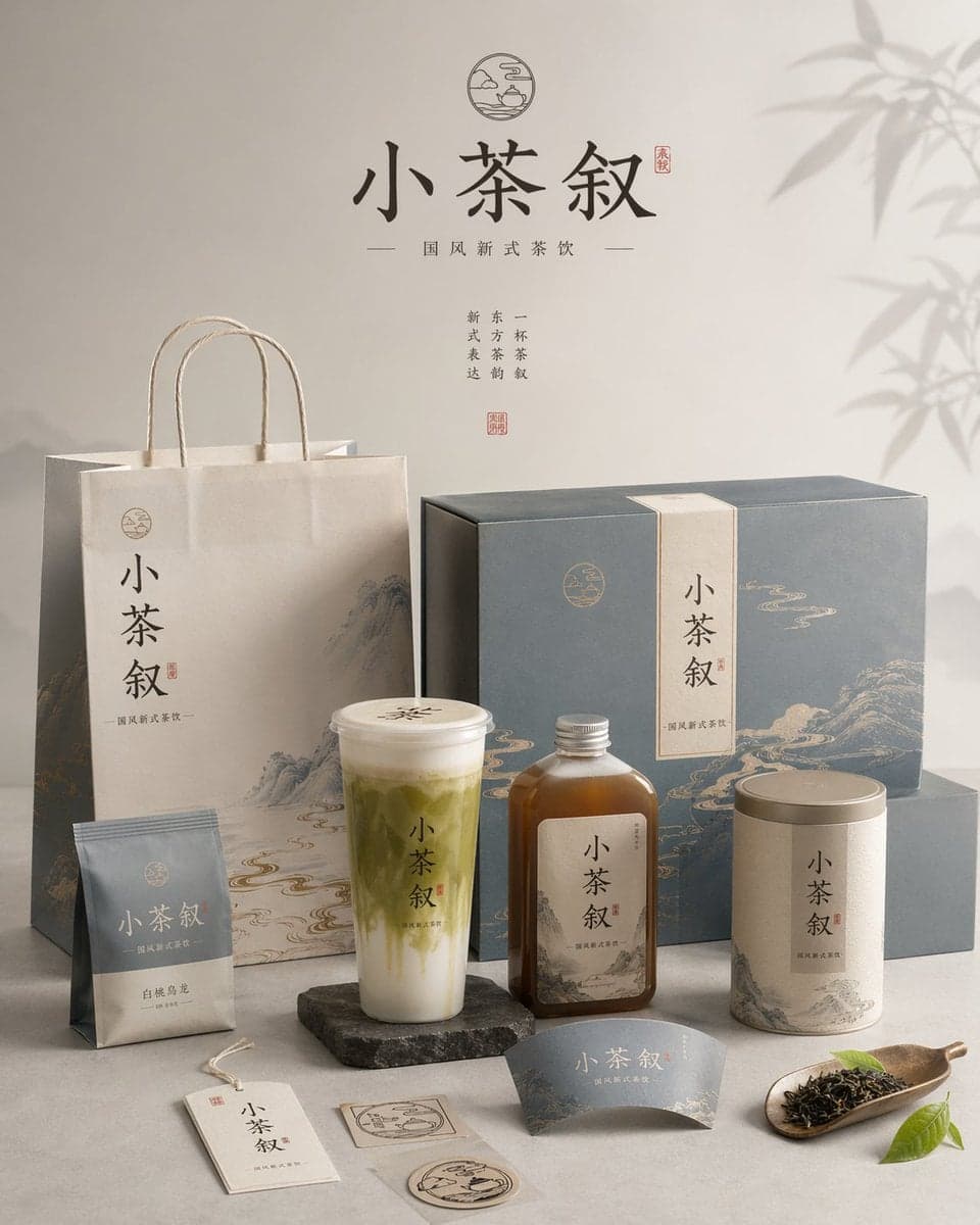请为品牌[品牌名称]、类目为[品牌类目]创作一张高审美、高完成度的「品牌包装系统展示图」。这不是普通电商白底图，也... 4