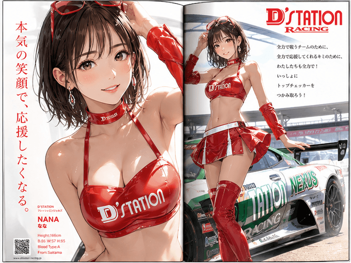 レースクィーン雑誌の見開きページを作成。 接写あり。 日本人モデル。 スタイルを変えて4枚作成。 アニメイラスト調。 2