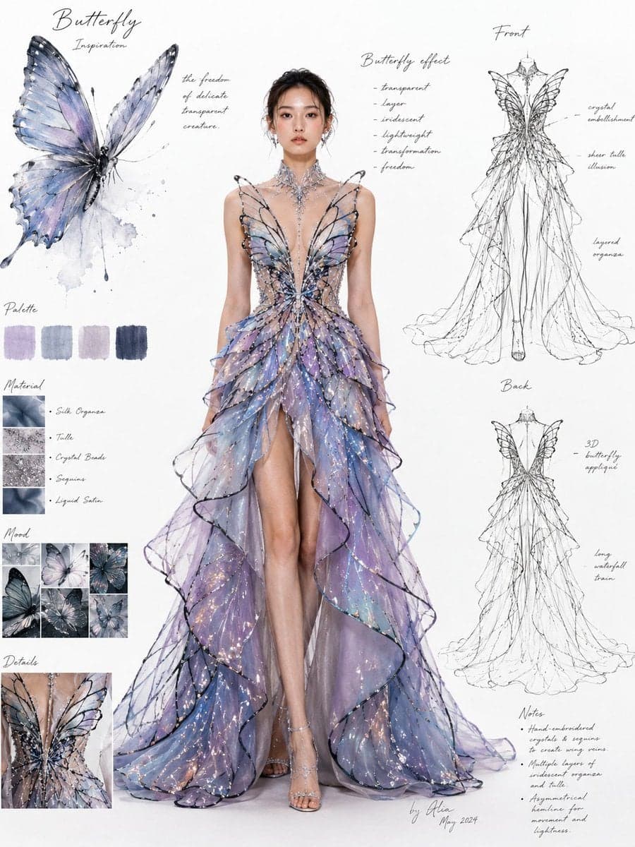 时尚设计稿 / 高定礼服设计页，主题灵感来自 [灵感主题]。画面为专业服装设计展示板构图：中央是一位全身站立的真人... 2