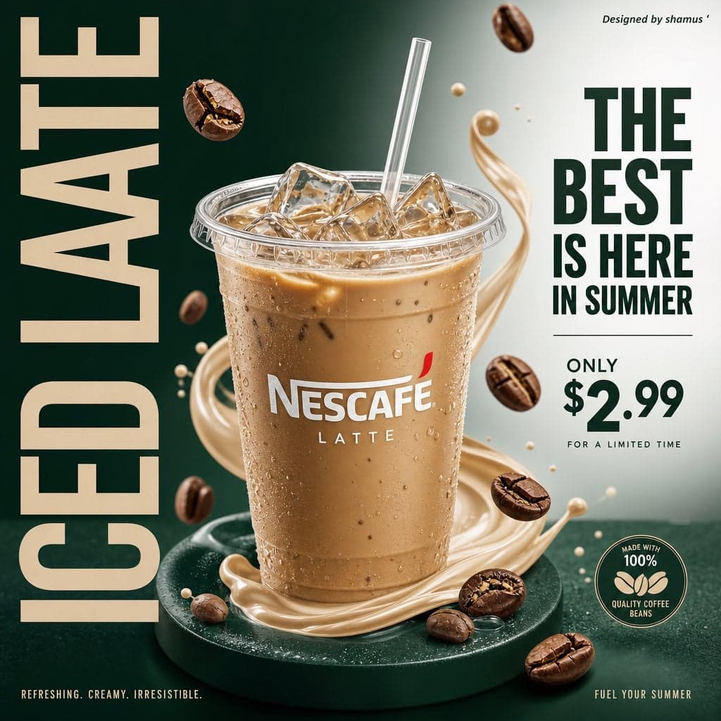 A modern commercial poster design for an iced NESCAFE lat...