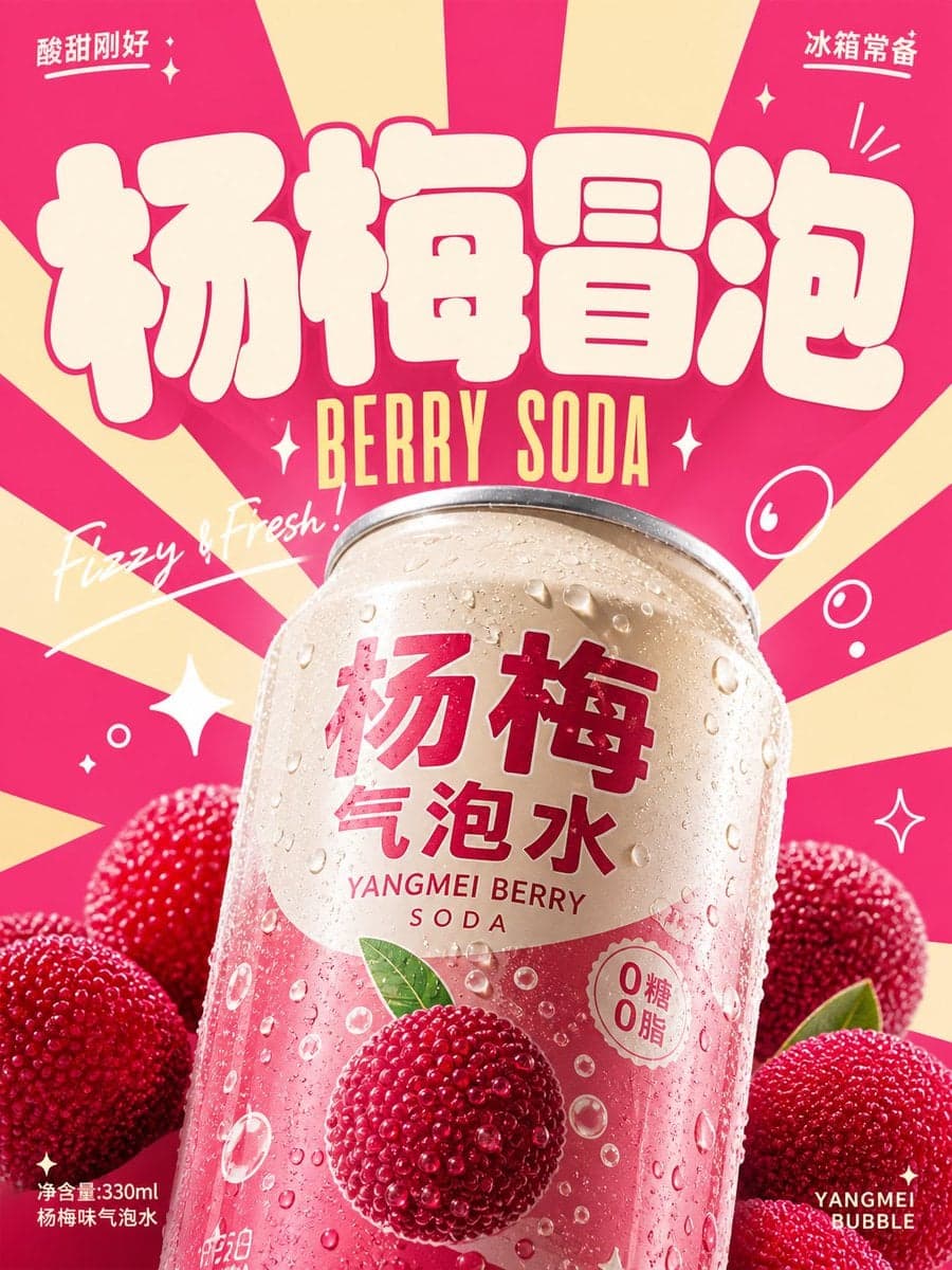 围绕具体饮料主题生成一张明亮轻快的复古商业广告视觉：画面第一眼由超大、厚实、圆角饱满的主题字标建立记忆点，字形像柔... 2