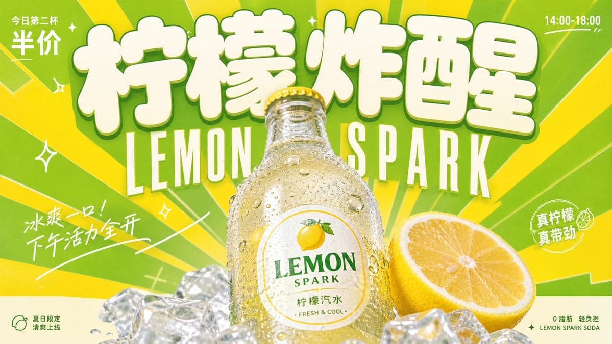 围绕具体饮料主题生成一张明亮轻快的复古商业广告视觉：画面第一眼由超大、厚实、圆角饱满的主题字标建立记忆点，字形像柔... 4