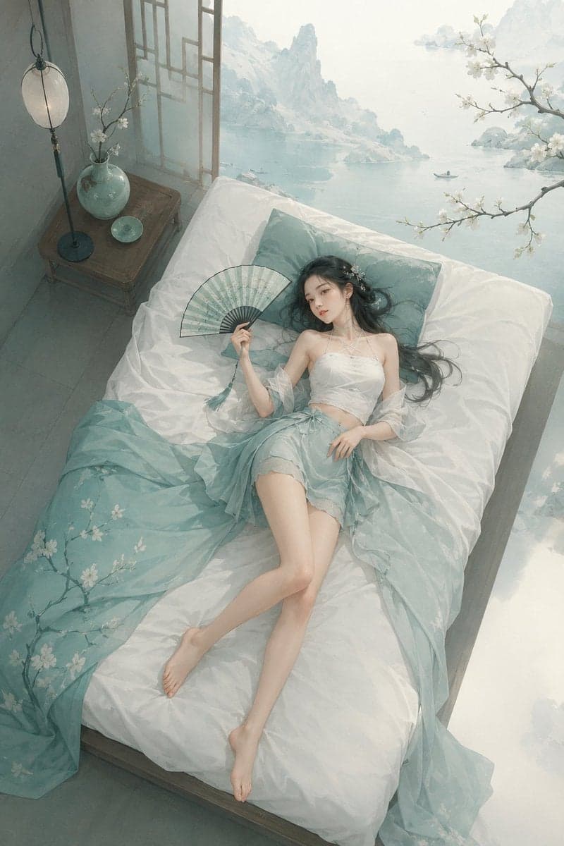 极简东方禅意半写实插画，主体为[主体]，青绿颜色体系，较强饱和对比，画面空灵静谧，大面积留白，带轻雾感、静止空气感...