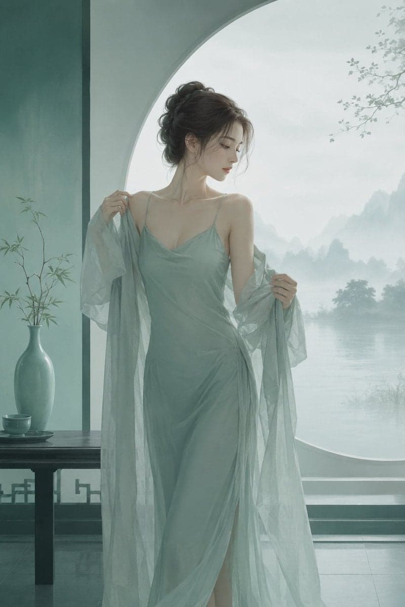 极简东方禅意半写实插画，主体为[主体]，青绿颜色体系，较强饱和对比，画面空灵静谧，大面积留白，带轻雾感、静止空气感... 2