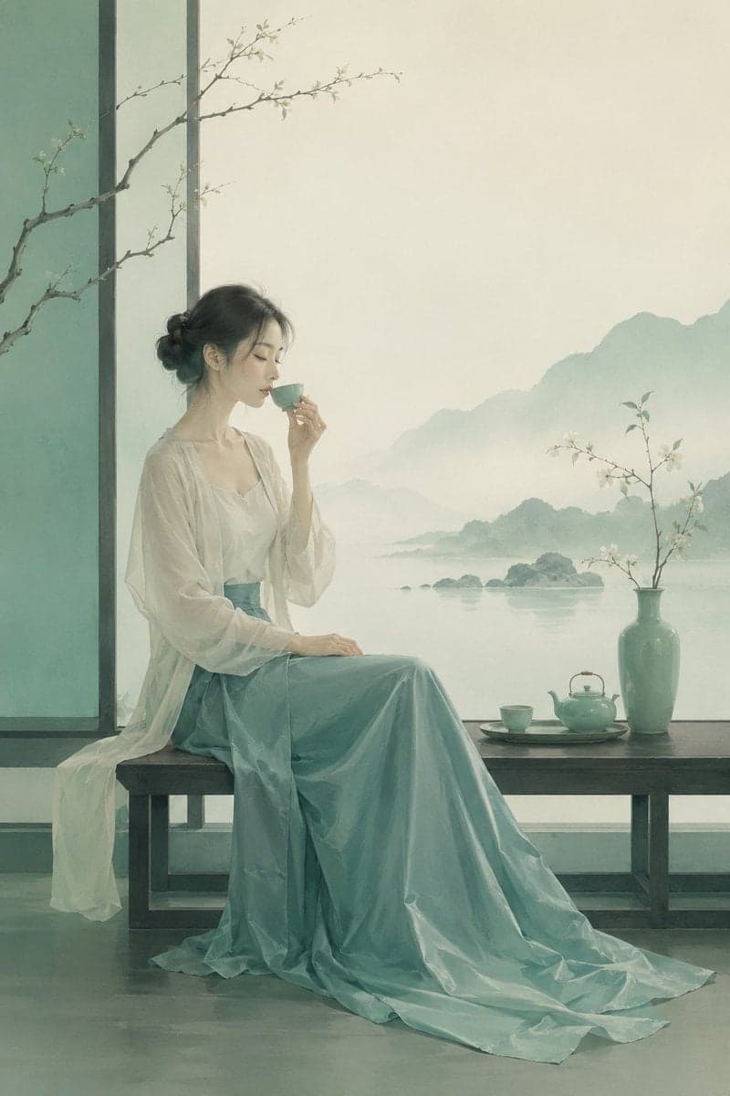 极简东方禅意半写实插画，主体为[主体]，青绿颜色体系，较强饱和对比，画面空灵静谧，大面积留白，带轻雾感、静止空气感... 3