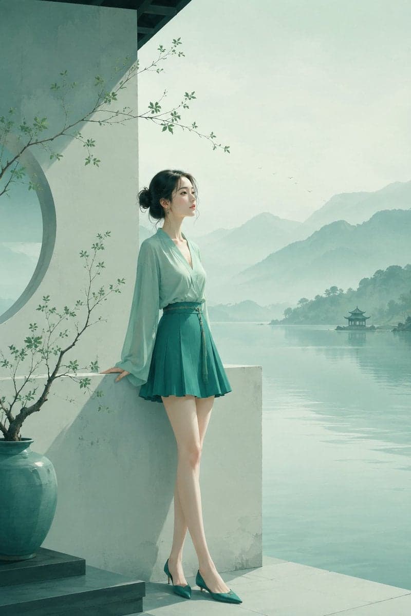 极简东方禅意半写实插画，主体为[主体]，青绿颜色体系，较强饱和对比，画面空灵静谧，大面积留白，带轻雾感、静止空气感... 4