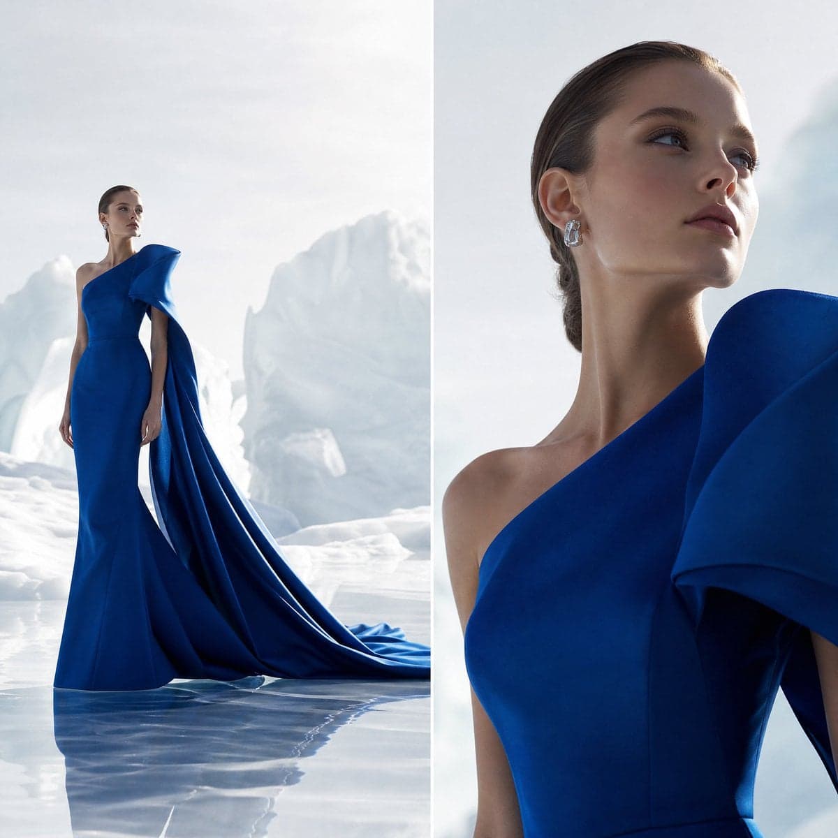 Two-panel fashion editorial split with contrasting camera...
