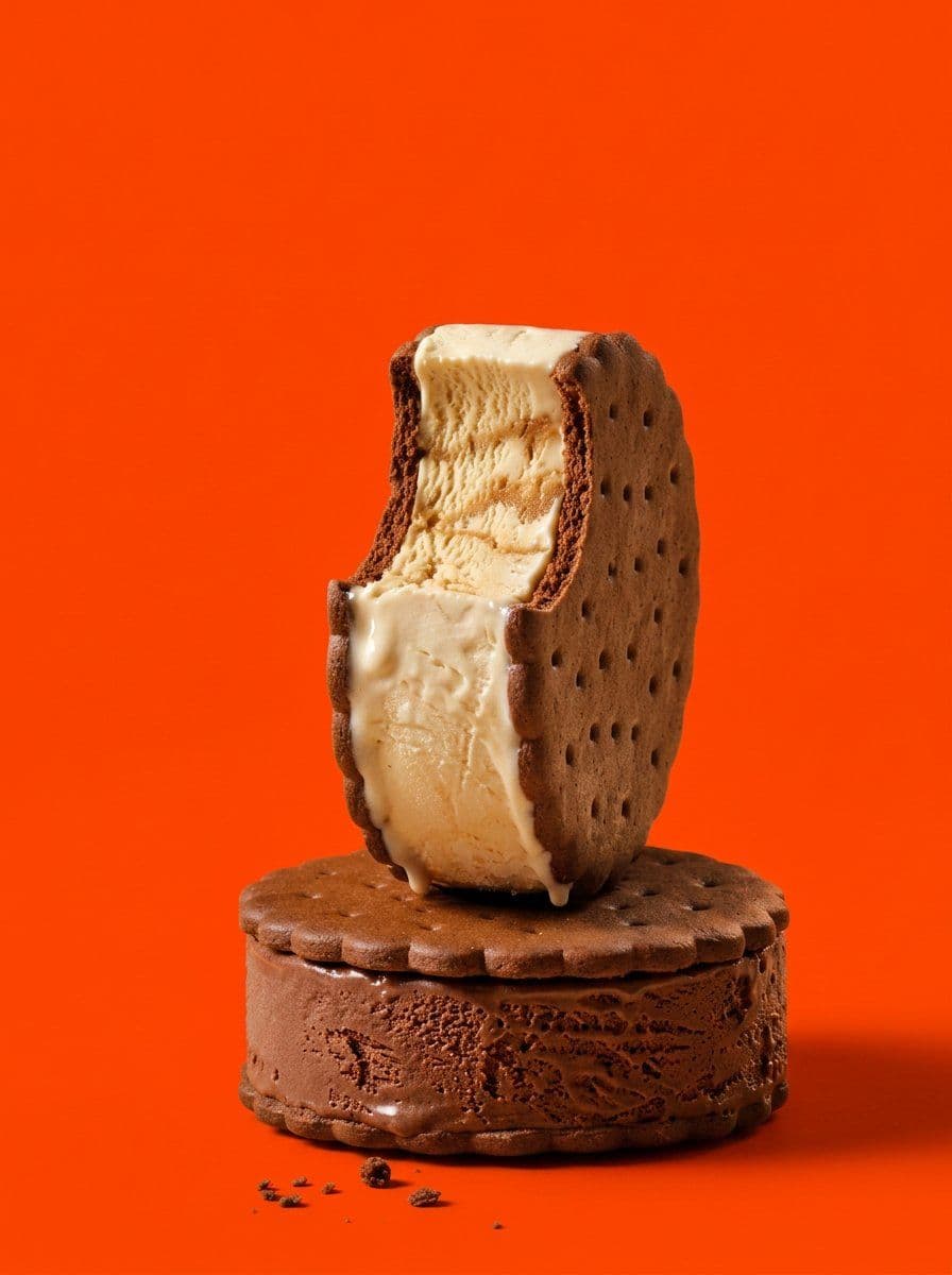 "A studio food still-life of two chocolate ice-cream sand...