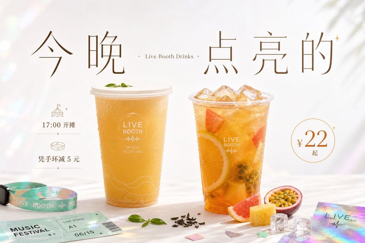 围绕[主题对象]生成一张明亮清透的商业信息视觉：上方保留大面积呼吸空间，中心以极大的中文主题字作为第一视觉，字距疏... 2