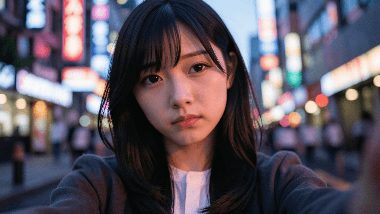 エモーショナルな雰囲気で、夕暮れ時の柔らかな光に包まれた日本人女子大生の自撮り写真。彼女の表情は少し憂いを帯びてお...