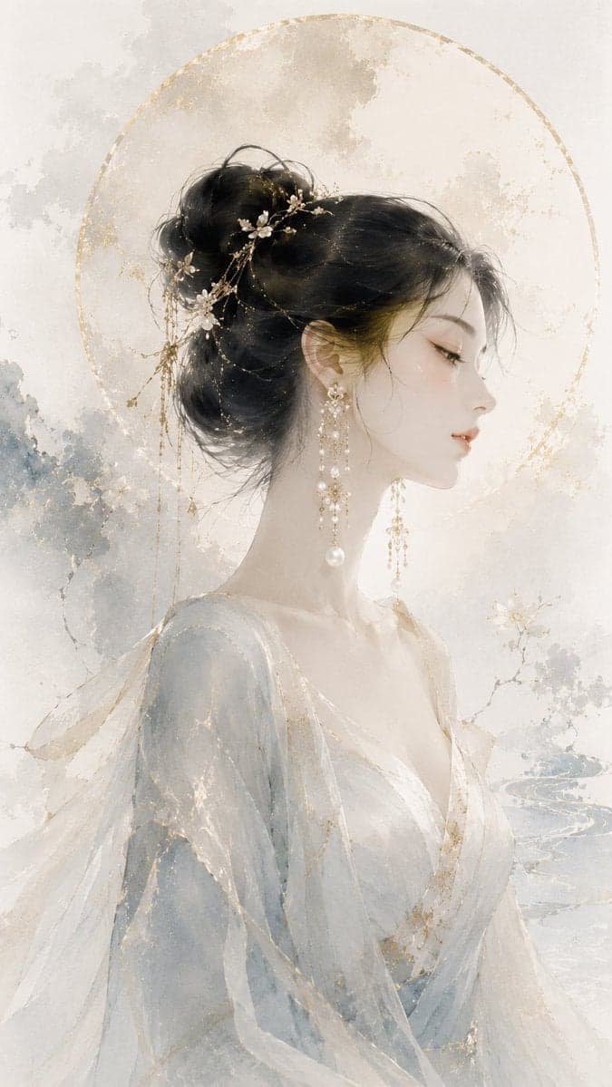 请生成一张 9:16 竖版、原创高级东方珠宝视觉海报。整体风格为东方水墨时装插画,结合高级珠宝 Campaign、...