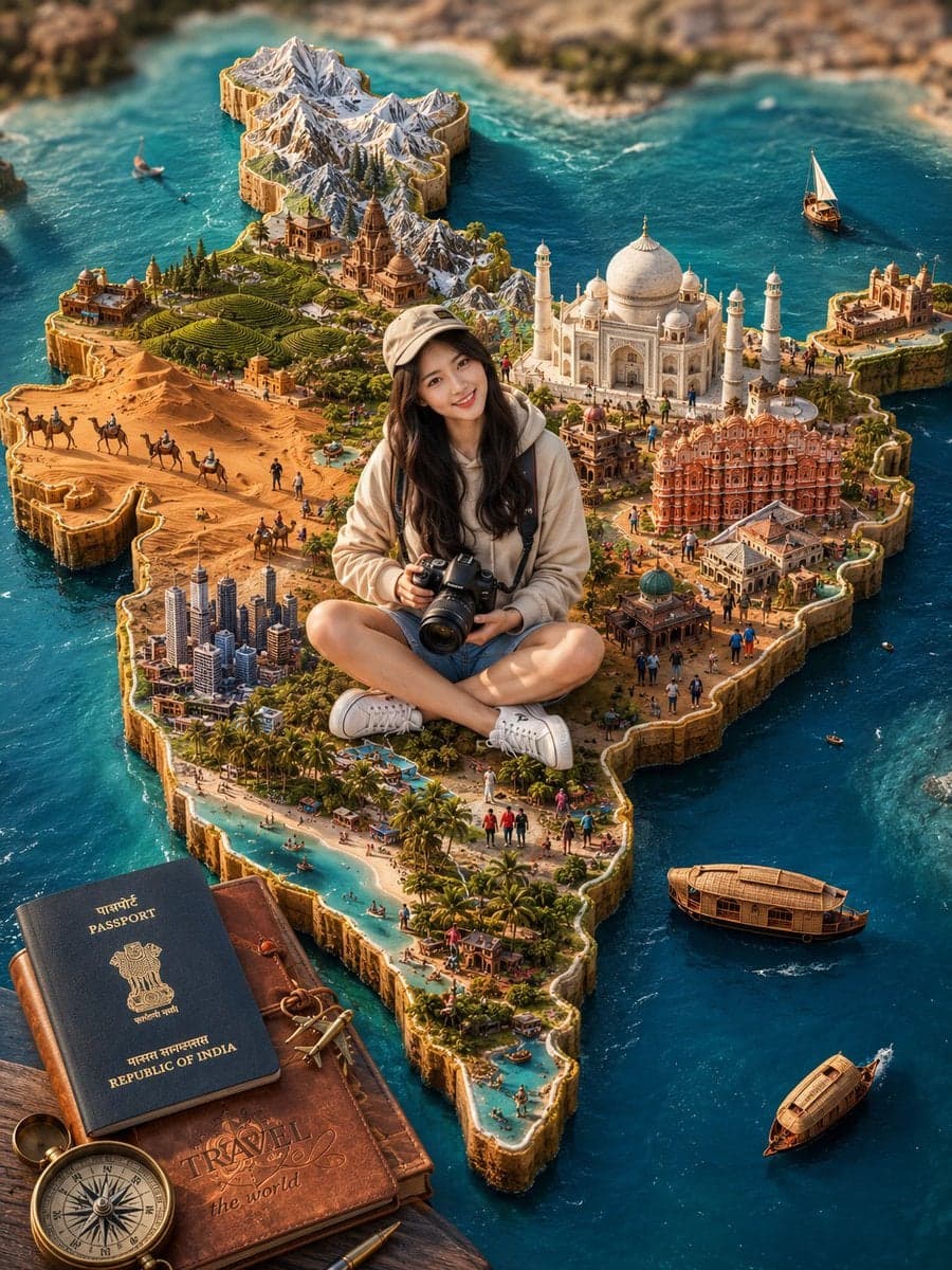 Highly detailed 3D miniature travel diorama of India shap...