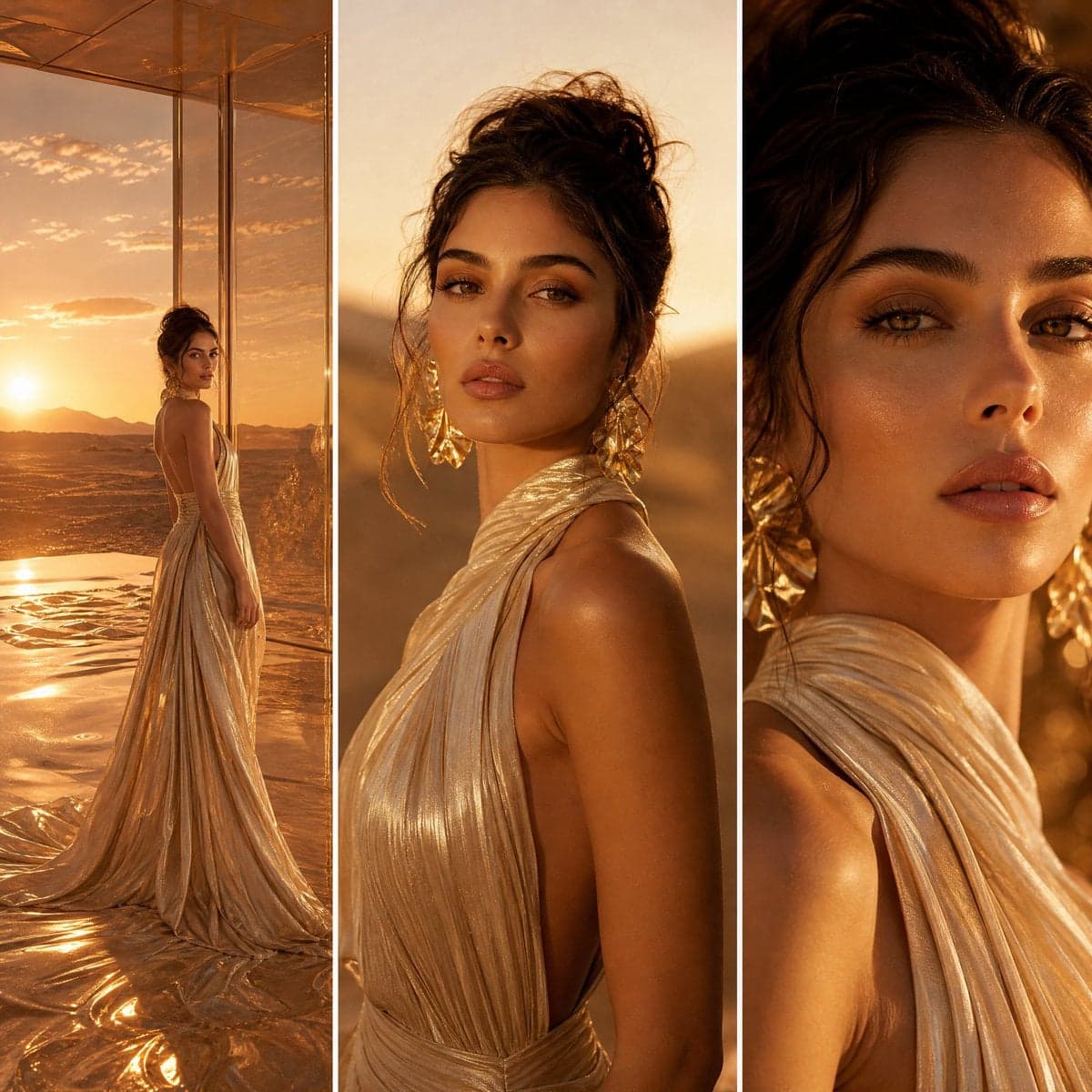 A three-panel high-fashion editorial spread set in a glow...